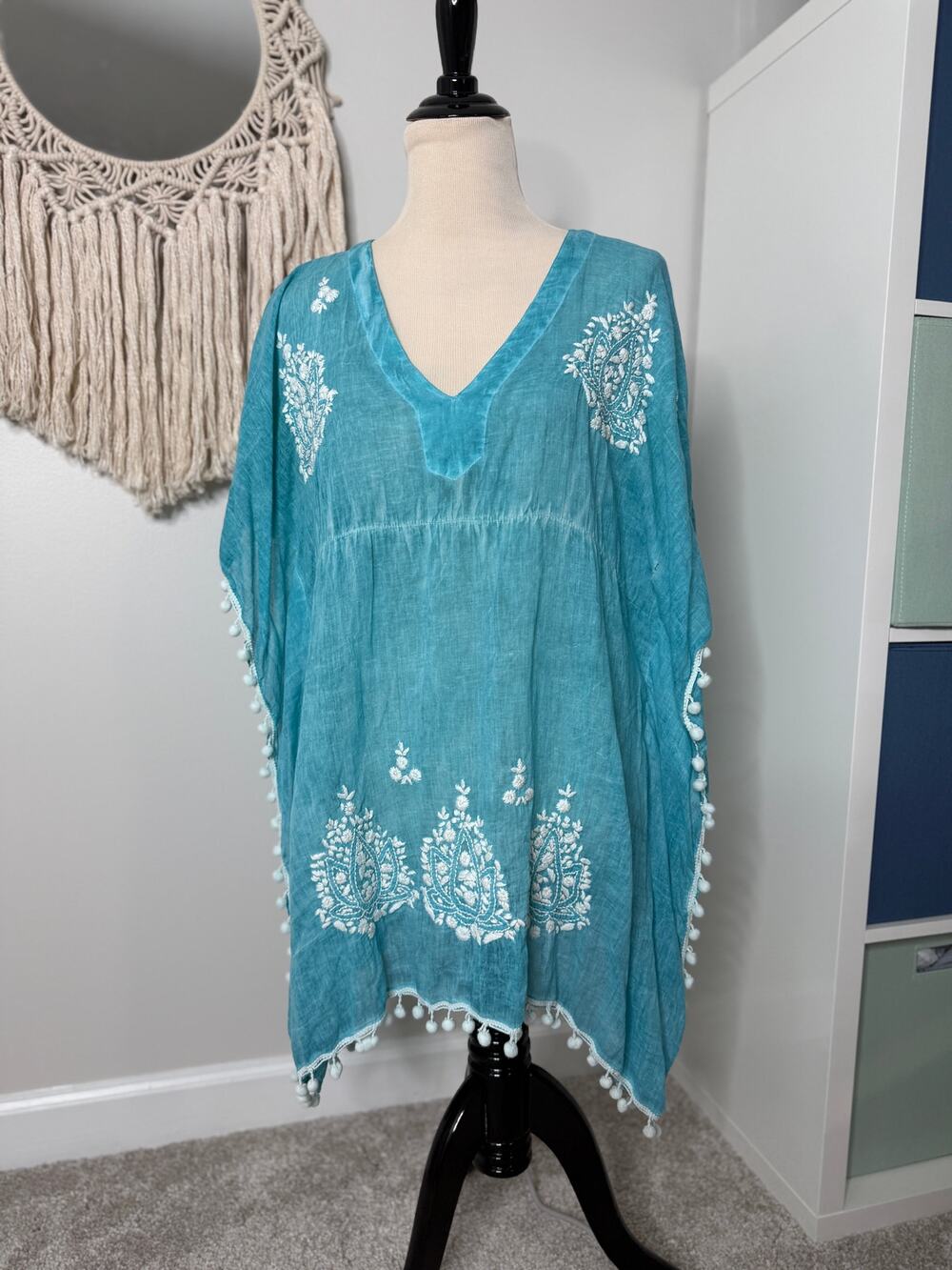 Ranee's Teal Blue Boho Embroidered Pom-pom Swim Bathing Suit Cover-up Small